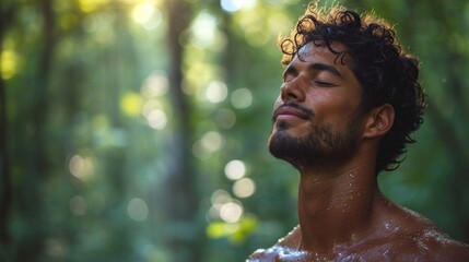 Portrait of a young man with wet hair and closed eyes in the forest. - obrazy, fototapety, plakaty