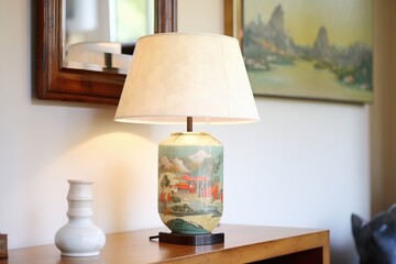 handpainted bedside lamp depicting landscape, on wooden tray
