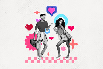 Artwork collage image of excited funky black white effect people hold boombox dancing like heart notification isolated on creative background
