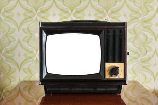 Antique TV with white screen on antique wooden cabinet, vintage design in 80s and 90s style house.