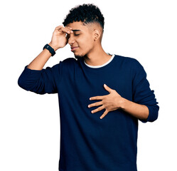 Young african american man wearing casual clothes touching forehead for illness and fever, flu and cold, virus sick