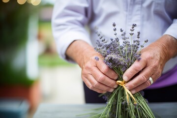 florist tying a bunch of lavender with a twine - obrazy, fototapety, plakaty