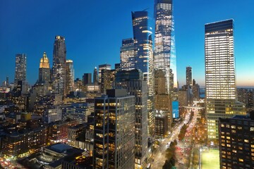 New York City Manhattan at sunrise. Manhattan at Night. NYC Night aerial view of Midtown Manhattan....