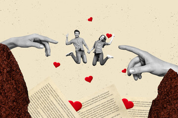 Artwork postcard collage of happy family couple jumping holding hands together and jump in love...