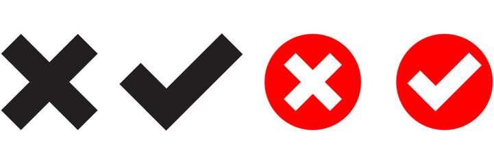 Check Mark and Cross in both Black and with a red circle.  Positive or negatve, yes or no icon concept.  Isolated tick and cross set.  Modern design © Richard O'Donoghue