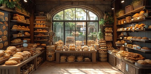 a bakery with shelves of bread and various types of baked goods, in the style of unreal engine 5, opacity and translucency - obrazy, fototapety, plakaty