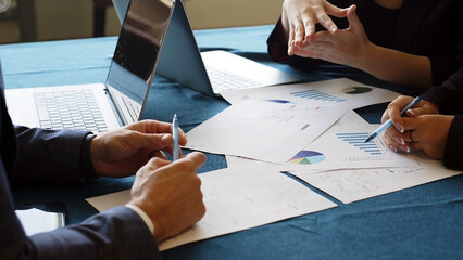 Close-up of business people working, busy with customer service team work, control pad and online...