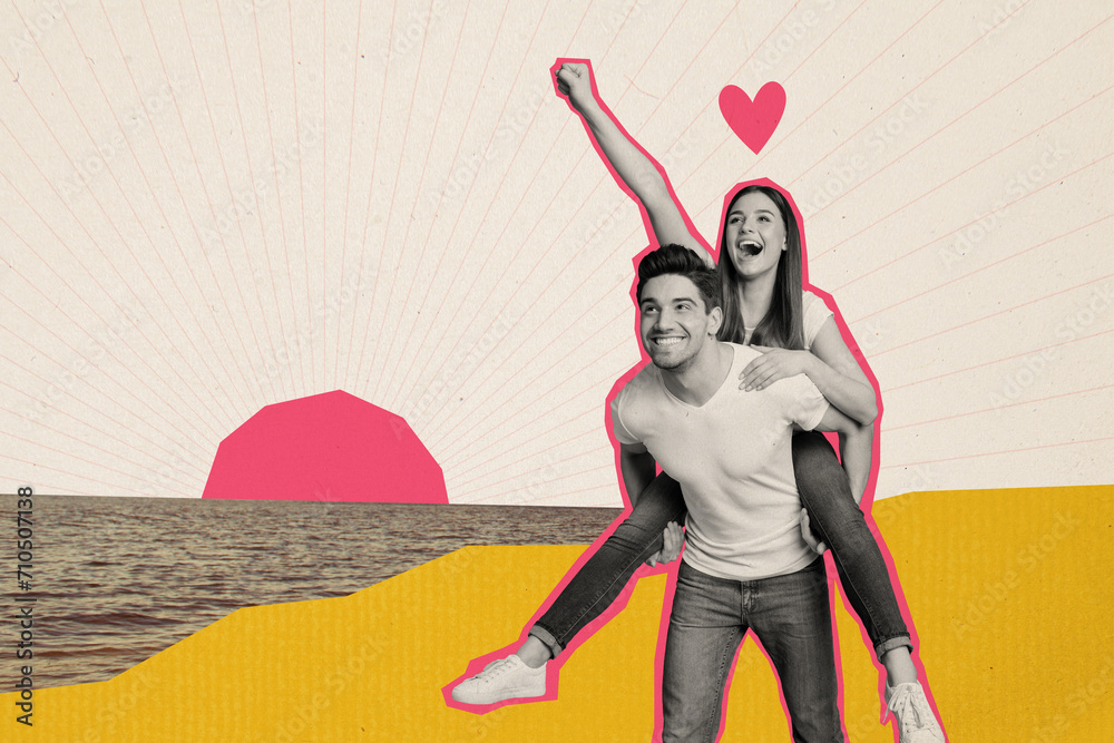 Poster Creative collage picture of two excited black white colors partners piggyback raise fist heart symbol painted sunset water background