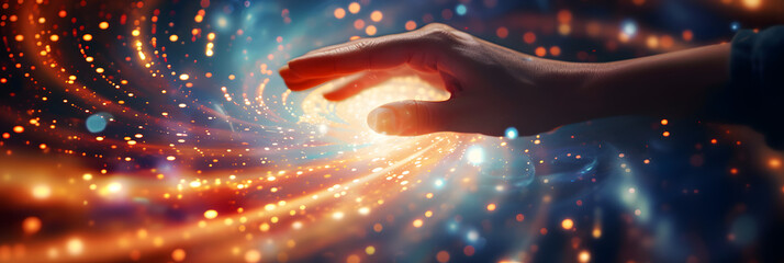 Hand reaching inside spinning vortex of light particles in big data and artificial intelligence concept