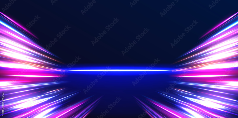 Poster Lines in the shape of a comet against a dark background. Illustration of high speed concept. Motion light effect for banners. The effect of speed on a blue background.	