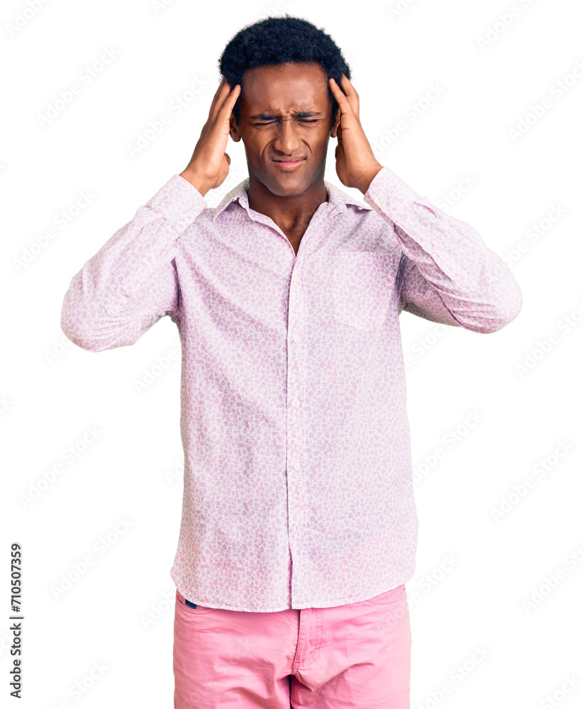 Canvas Prints African handsome man wearing casual pink shirt suffering from headache desperate and stressed because pain and migraine. hands on head.