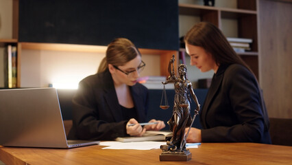 A female lawyer at her workplace communicates with a young client, discussing issues of legal significance. Consultation concept with legal and financial issues