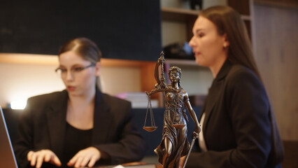 A female lawyer at her workplace communicates with a young client, discussing issues of legal significance. Consultation concept with legal and financial issues - obrazy, fototapety, plakaty