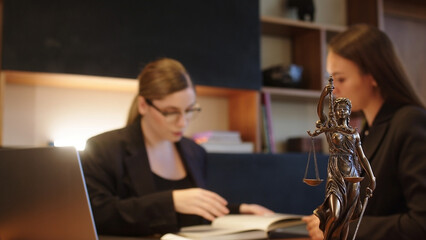 A female lawyer at her workplace communicates with a young client, discussing issues of legal significance. Consultation concept with legal and financial issues