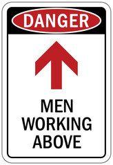 Men working above warning sign and labels