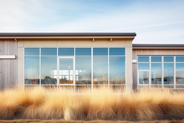 prairie landscape, long ribbon windows on lowrise building