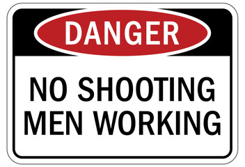 Men working above warning sign and labels