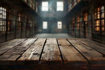 Empty Wooden Tabletop with Blurry Prison Background - obrazy, fototapety, plakaty