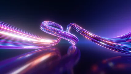 Fotobehang 3d render. Abstract fantastic neon background. Colorful speedway lines. Glowing energy stream, power jet, curvy ribbon © NeoLeo