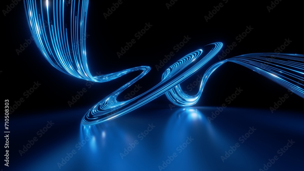 Wall mural 3d render. abstract panoramic background of twisted dynamic blue neon lines glowing in the dark room
