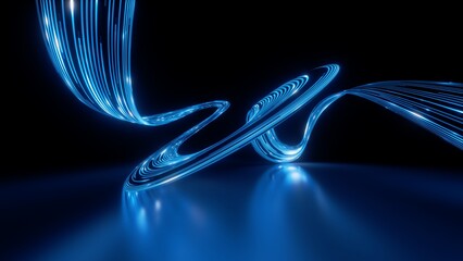 3d render. Abstract panoramic background of twisted dynamic blue neon lines glowing in the dark...