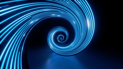 3d render, abstract wallpaper of blue spiral vortex. Hypnotic neon lines. Streaming energy. Particles moving and leaving glowing tracks. Curvy ribbon