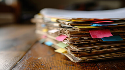 Close-up of a large stack of worn and tattered files or folders with various colored post-it tabs sticking out