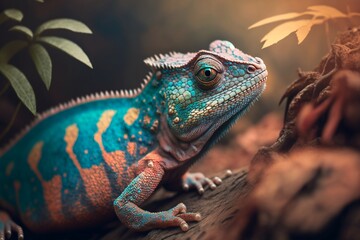 Fototapeta premium Tropical Elegance: Iguana Perched on a Branch, Basking in Sunlight. A Majestic Reptilian Moment, Perfect for Injecting Exotic Serenity
