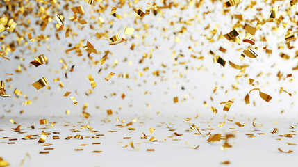 Golden confetti falling on white background
