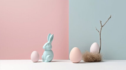 easter composition, easter eggs, a figurine of a rabbit and a vase on the table in pastel colors. Minimalistic easter composition. generative ai