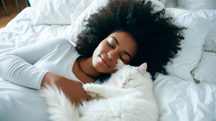 Young beautiful African American woman sleeping together with a white cat in one bed.  World Sleep Day, mental health concept.
