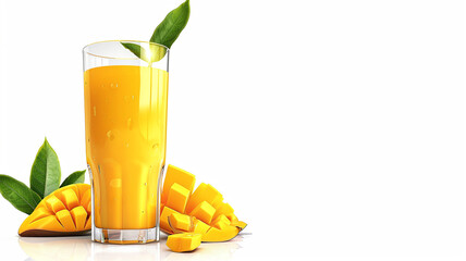 cup of mango juice and mango slice surrounding, isolated on white background - obrazy, fototapety, plakaty