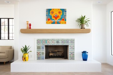 white stucco fireplace with decorative spanish tiles