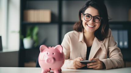 Cheerful young woman, wearing glasses ,sitting at a desk with a pink piggy bank