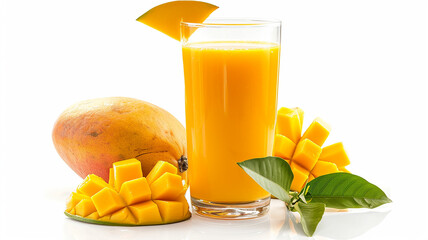 cup of mango juice and mango slice surrounding, isolated on white background