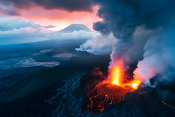 Volcaninc eruption with lava flow, fiery inferno 