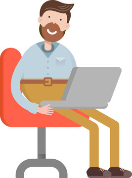 Beard Man Character Working on Laptop
