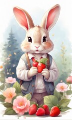 Cute white hare holding strawberries