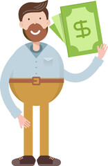 Beard Man Character Holding Dollar Banknotes
