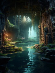 cave with water and ancient structures