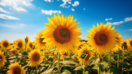Obraz premium Field of sunflowers against blue summer sky. Generated AI
