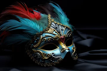 Rollo venetian carnival mask in red blue gold color palette isolated on black background copy space right. Carnival festival in Venice celebrated in February. © Dina