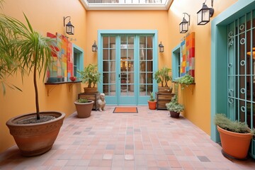 Fototapeta na wymiar spanishstyle courtyard with terracotta planters and wrought iron gates