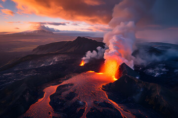 Volcano eruption with smoke and fire, inferno on the earth, apocalyptic landscape
