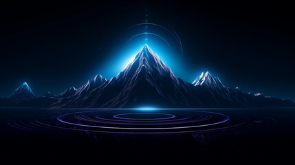 montanha iluminada por uma luz azul néon com circulos - obrazy, fototapety, plakaty