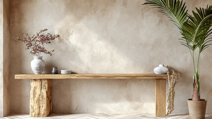 Rustic wood console table against beige stucco wall with copy space. Japandi interior design of modern entrance cream color hall 