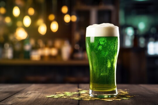 green beer on bar counter for irish St patricks Day celebration. Festive drink pub banner copy space left.