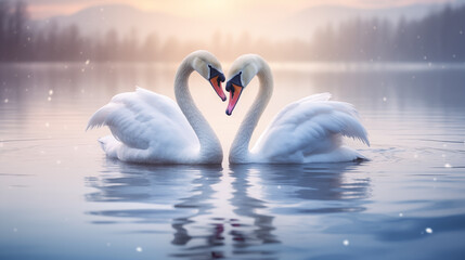 Dois cisnes brancos no lago fazendo um formato de coração  - obrazy, fototapety, plakaty