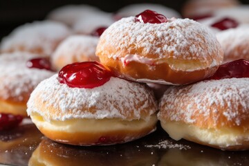 paczki donuts dish closeup. Polish doughnuts with jam cherry filling.