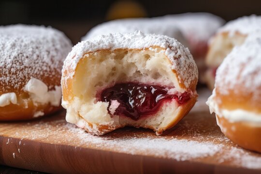 paczki donuts dish closeup. Polish doughnuts with jam cherry filling.